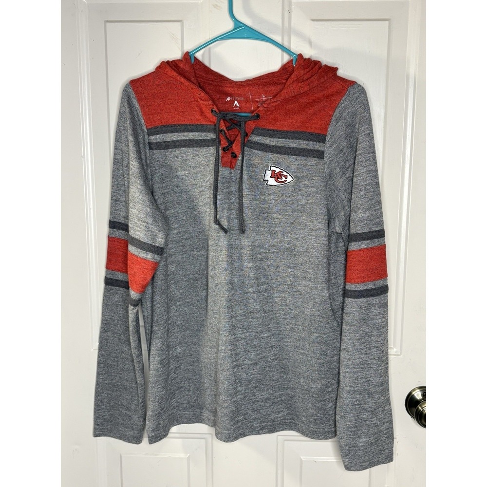 Kansas City Chiefs Sweater Womens L  Gray Red Knit Lace Up Hooded NFL Football